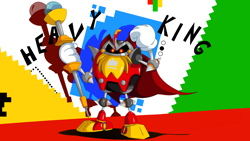 Size: 1920x1080 | Tagged: safe, artist:kamicciolo, sonic mania, 2018, abstract background, character name, heavy king, holding something, looking at viewer, robot, shadow (lighting), solo, text, wallpaper