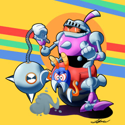 Size: 1024x1024 | Tagged: safe, artist:dog22322, moto bug, sonic mania, 2017, abstract background, badnik, clenched fist, duo, dust clouds, heavy rider, holding something, robot, shadow (lighting), signature, sitting, weapon