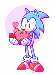 Size: 1024x1404 | Tagged: safe, artist:dog22322, sonic the hedgehog, 2018, abstract background, blushing, carrying them, crossover, cute, duo, heart, holding them, kirby, looking at each other, smiling at each other, sonabetes, standing