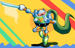 Size: 1024x658 | Tagged: safe, artist:dog22322, sonic mania, 2017, abstract background, heavy shinobi, holding something, katana, looking at viewer, posing, robot, shadow (lighting), signature, solo, standing