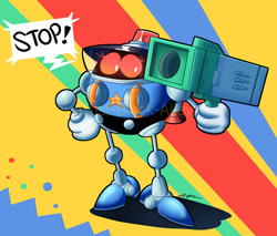 Size: 1024x872 | Tagged: safe, artist:dog22322, sonic mania, 2017, abstract background, dialogue, english text, eyelashes, heavy gunner, holding something, looking at viewer, missile launcher, shadow (lighting), shouting, signature, solo, speech bubble, standing, talking, talking to viewer, text