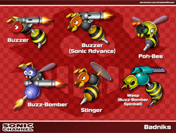 Size: 3000x2266 | Tagged: safe, artist:shadowlifeman, buzz bomber, 2021, abstract background, badnik, buzzer, character name, checkered background, design comparison, eggman empire logo, fire, flame, group, poh-bee, robot, sonic channel style, stinger, text, wasp (badnik)