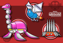 Size: 2663x1852 | Tagged: safe, artist:shadowlifeman, 2020, abstract background, badnik, bat brain, eggman empire logo, fangs, fire, flame, looking offscreen, rexon, robot, sonic channel style, spiker, trio