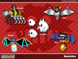 Size: 3000x2265 | Tagged: safe, artist:shadowlifeman, 2023, abstract background, badnik, batbot, bbat, character name, checkered background, eggman empire logo, english text, grabber, group, hyudoro, looking offscreen, robot, slot, sonic channel style, text