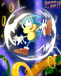 Size: 800x1000 | Tagged: safe, artist:ishida1694, sonic the hedgehog, 2019, abstract background, classic sonic, elemental shield, hidden palace zone, jumping, looking up, mid-air, ring, shield (power-up), sparkles, thunder shield