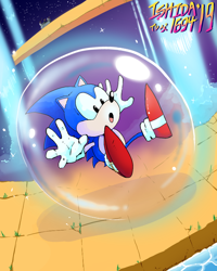 Size: 800x1000 | Tagged: safe, artist:ishida1694, sonic the hedgehog, 2019, abstract background, aqua shield, arms out, classic sonic, elemental shield, falling, looking at something, mouth open, shield (power-up), signature, solo