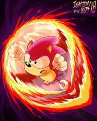 Size: 800x1000 | Tagged: safe, artist:ishida1694, sonic the hedgehog, 2018, abstract background, classic sonic, clenched fists, dashing, elemental shield, fire shield, looking ahead, looking offscreen, mid-air, mouth open, shield (power-up), signature, solo