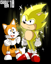 Size: 800x1000 | Tagged: safe, artist:ishida1694, miles "tails" prower, sonic the hedgehog, super sonic, 2018, black background, clenched fists, duo, frown, looking at them, looking at viewer, signature, simple background, smile, sparkles, standing, super form