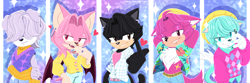 Size: 3000x1000 | Tagged: safe, artist:kanayanga, bat, cat, dog, wolf, 2025, abby (k-pop demon hunters), abstract background, baby (k-pop demon hunters), barely sonic related, beanie, belt, chest fluff, clothes, crossover, ear piercing, earring, floppy ears, group, hair over eyes, hat, heart, jinu (k-pop demon hunters), k-pop demon hunters, lidded eyes, looking at viewer, mobianified, mystery (k-pop demon hunters), panther, pants, romance (k-pop demon hunters), saja boys, shadow (lighting), shirt, smile, smiling at viewer, sparkles, standing