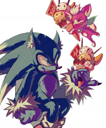 Size: 1173x1414 | Tagged: safe, artist:yyamssoup, chip, sonic the hedgehog, sonic unleashed, 2025, duo, eyes closed, flying, food, holding something, ice cream, looking at them, sauce, sitting, smile, smiling at them, sonic the werehog, were form, werehog