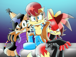 Size: 4000x3000 | Tagged: safe, artist:fartist2020, fiona fox, nicole the hololynx, sally acorn, chipmunk, fox, female, hololynx, sally's vest and boots, trio