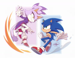 Size: 1439x1124 | Tagged: safe, artist:itsalezzia, blaze the cat, sonic the hedgehog, cat, hedgehog, duo, female, male