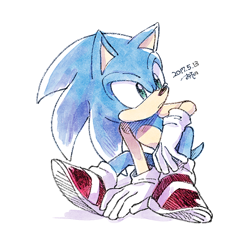 Size: 700x700 | Tagged: safe, artist:osncc, sonic the hedgehog, 2017, frown, hand on ground, looking offscreen, shadow (lighting), signature, simple background, smile, solo, white background