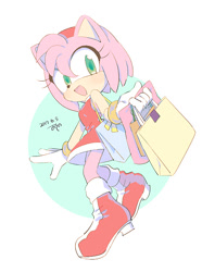 Size: 549x737 | Tagged: safe, artist:osncc, amy rose, 2017, abstract background, amybetes, bag, cute, looking at viewer, mouth open, open smile, signature, smile, solo