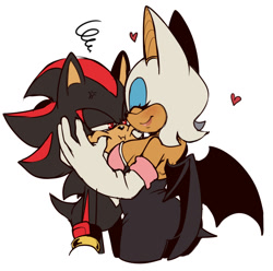 Size: 1280x1270 | Tagged: safe, artist:cosminette, rouge the bat, shadow the hedgehog, 2017, cheek squish, cross popping vein, duo, eyes closed, frown, heart, looking at them, not shipping, platonic, simple background, smile, squinting, standing, white background