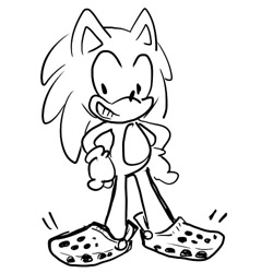Size: 500x500 | Tagged: safe, artist:m0nsterjuice, sonic the hedgehog, 2017, clenched teeth, crocs, hands on hips, line art, looking at something, monochrome, shoes, simple background, sketch, smile, solo, standing, white background
