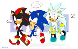 Size: 1253x787 | Tagged: safe, artist:chubides, shadow the hedgehog, silver the hedgehog, sonic the hedgehog, ..., 2017, abstract background, arms folded, exclamation mark, eyes closed, flat colors, flying, frown, looking at them, mid-air, mouth open, open smile, psychokinesis, smile, standing, sweatdrop, trio, walking