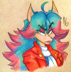 Size: 1280x1311 | Tagged: safe, artist:roskii, breezie the hedgehog, 2017, beige background, bust, eye clipping through hair, eyebrow clipping through hair, frown, looking at viewer, signature, simple background, solo, traditional media