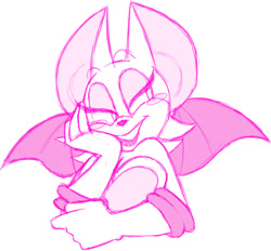 Size: 1195x1109 | Tagged: safe, artist:v4lent1nes, rouge the bat, 2017, arms folded, blushing, bust, cleavage, flat colors, head rest, lidded eyes, monochrome, pink, simple background, smile, solo, white background