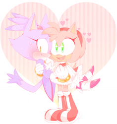 Size: 1090x1153 | Tagged: safe, artist:octopuddi, amy rose, blaze the cat, 2017, abstract background, amy x blaze, blushing, carrying them, cute, duo, heart, lesbian, looking away, open smile, pink nose, shipping, smile, smiling at them, standing, sweatdrop