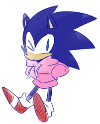 Size: 1105x1374 | Tagged: safe, artist:makieeeee, sonic the hedgehog, 2017, clothes, cute, hands in pocket, hoodie, pink hoodie, simple background, smile, smiling at viewer, solo, sonabetes, standing, white background, wink, winking at viewer
