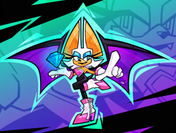 Size: 2000x1520 | Tagged: safe, artist:fishflop_, rouge the bat, 2025, abstract background, chaos emerald, echo background, fangs, holding something, lidded eyes, mouth open, open smile, outline, pointing, redraw, smile, solo, sonic racing crossworlds, standing, standing on one leg