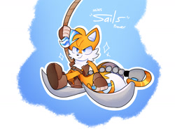 Size: 1600x1200 | Tagged: safe, artist:0vergrowngraveyard, sails, 2023, abstract background, character name, holding something, looking ahead, looking offscreen, mid-air, outline, rope, smile, solo, sparkles, swinging, sword, text, weapon