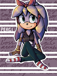 Size: 512x680 | Tagged: safe, artist:amindee, perci the bandicoot, 2014, abstract background, character name, outline, sitting, smile, smiling at viewer, solo, text
