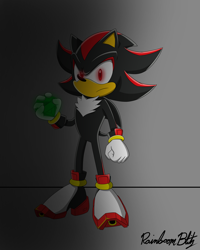 Size: 2803x3504 | Tagged: safe, artist:nicktoonsanimes, shadow the hedgehog, 31 days sonic, 2022, chaos emerald, frown, glowing eyes, gradient background, holding something, looking at viewer, signature, solo, sonic x style, standing