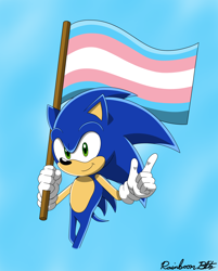Size: 3012x3754 | Tagged: safe, artist:nicktoonsanimes, sonic the hedgehog, 2024, flag, gradient background, holding something, pointing, pride, pride flag, signature, smile, smiling at viewer, solo, sonic x style, standing, trans pride
