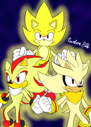 Size: 3456x4800 | Tagged: safe, artist:nicktoonsanimes, shadow the hedgehog, silver the hedgehog, sonic the hedgehog, super shadow, super sonic, 30 days sonic, 2021, clenched fists, flat colors, flying, frown, gradient background, looking offscreen, mid-air, signature, super form, super silver, trio