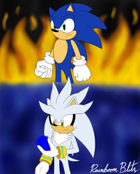 Size: 4567x5678 | Tagged: safe, artist:nicktoonsanimes, silver the hedgehog, sonic the hedgehog, 30 days sonic, sonic the hedgehog (2006), chaos emerald, duo, fire, flat colors, frown, gradient background, holding something, looking at something, looking offscreen, signature, standing