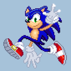 Size: 510x510 | Tagged: safe, artist:kaosmass95, sonic the hedgehog, 2025, blue background, mid-air, pixel art, redraw, simple background, smile, smiling at viewer, solo, v sign