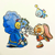 Size: 2218x2218 | Tagged: safe, artist:miniluv73, cheese (chao), cream the rabbit, chao, 2023, ariem, cute, daisy (flower), eyes closed, flower, flower crown, flying, kneeling, looking at them, neutral chao, smile, standing, standing on one leg, traditional media, trio