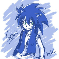 Size: 500x500 | Tagged: safe, artist:dc9spot, sonic the hedgehog, human, 2008, abstract background, character name, humanized, looking offscreen, partially humanized, signature, smile, solo