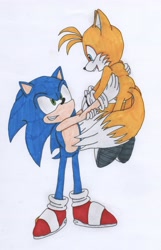 Size: 2930x4536 | Tagged: safe, artist:jessicamario, miles "tails" prower, sonic the hedgehog, 2015, carrying them, duo, holding them, lifting them, looking at each other, mouth open, open smile, simple background, smile, smiling at each other, standing, traditional media, white background