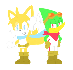 Size: 800x765 | Tagged: safe, artist:clockworkstarss, miles "tails" prower, speedy, 2017, belt, duo, hands together, lidded eyes, looking at viewer, no outlines, scarf, simple background, smile, standing, tails adventure, transparent background, waving