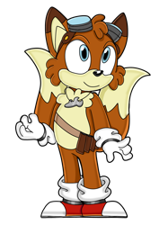 Size: 1280x1707 | Tagged: safe, artist:dragon22551, miles "tails" prower, sonic underground, 2023, alternate universe, au:sonic underground, bag, eyewear on head, goggles, goggles on head, looking offscreen, necklace, simple background, smile, solo, standing, transparent background, uekawa style