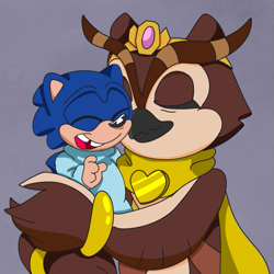 Size: 609x609 | Tagged: safe, artist:dragon22551, longclaw, sonic the hedgehog, 2023, aged down, alternate universe, au:sonic underground, baby, baby sonic, duo, eyes closed, holding them, missing tooth, mother and child, mother and son, mouth open, onesie, open smile, purple background, simple background, smile, younger