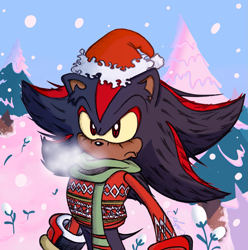 Size: 1763x1775 | Tagged: safe, artist:rdgr-31, shadow the hedgehog, 2023, abstract background, christmas, christmas sweater, christmas tree, clothes, dark skin, ear fluff, eyelashes, flower, frown, looking offscreen, scarf, snow, snowing, solo, standing, sweater, tree, winter, yellow sclera