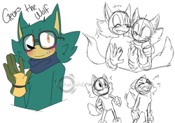 Size: 2820x1973 | Tagged: safe, artist:pakigecko, gadget the wolf, wolf, sonic forces, 2017, arm around shoulders, bandana, bust, character name, duo, flat colors, gears the wolf, glasses, line art, mouth open, one fang, signature, simple background, sketch, smile, solo focus, waving, white background, yelling