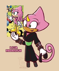 Size: 1693x2048 | Tagged: safe, artist:retro candyfloss, 2024, beige background, chameleon, english text, holding something, kimono, liza the chameleon, looking offscreen, mouth open, open smile, redesign, reference inset, signature, simple background, smile, solo, standing, text
