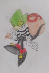 Size: 1397x2048 | Tagged: safe, artist:transgender-battlekukku, 2023, chameleon, claws, eyelashes, frown, green sclera, looking at viewer, loot the treasure seeker, moneybag, pencilwork, sack, sitting, solo, traditional media