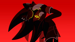 Size: 2048x1152 | Tagged: safe, artist:sirpyes, shadow the hedgehog, 2025, crossover, dark, ear piercing, earring, frown, glowing eyes, hand on own face, jinu (k-pop demon hunters), k-pop demon hunters, looking at viewer, one fang, red background, simple background, solo, standing, sunglasses
