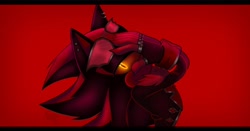 Size: 2048x1071 | Tagged: safe, artist:ciaoodee, shadow the hedgehog, 2025, border, crossover, ear piercing, earring, glowing eyes, hand on own face, jinu (k-pop demon hunters), k-pop demon hunters, lidded eyes, looking at viewer, red background, simple background, solo, standing, stupid sexy shadow, sunglasses