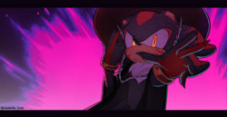 Size: 2048x1055 | Tagged: safe, artist:mabellehmb, shadow the hedgehog, 2025, abstract background, border, claws, coat, crossover, gloves off, glowing eyes, hand out, hat, jinu (k-pop demon hunters), k-pop demon hunters, reaching towards the viewer, solo, standing