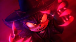Size: 2048x1152 | Tagged: safe, artist:kobitachuart, shadow the hedgehog, 2025, abstract background, claws, crossover, fangs, from above, glowing, hands up, hat, jinu (k-pop demon hunters), k-pop demon hunters, lineless, looking at viewer, looking up, looking up at viewer, mouth open, open smile, smile, solo, standing