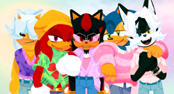 Size: 2048x1108 | Tagged: safe, artist:sirpyes, infinite the jackal, knuckles the echidna, shadow the hedgehog, silver the hedgehog, sonic the hedgehog, 2025, abby (k-pop demon hunters), arm around shoulders, baby (k-pop demon hunters), clothes, crossover, fangs, glasses, gloves off, gradient background, group, hair over eyes, hat, heterochromia, jinu (k-pop demon hunters), k-pop demon hunters, looking at viewer, male, males only, mystery (k-pop demon hunters), no outlines, romance (k-pop demon hunters), saja boys, smile, smiling at viewer, standing, wink