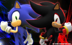 Size: 1680x1050 | Tagged: safe, artist:mintenndo, artist:mp-sonic, shadow the hedgehog, sonic the hedgehog, 2014, 3d, abstract background, clenched fist, clenched teeth, duo, frown, looking at viewer, outline, signature, smile, wallpaper