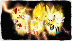 Size: 1024x576 | Tagged: safe, artist:deathgoddess1995, shadow the hedgehog, silver the hedgehog, sonic the hedgehog, super shadow, super sonic, 2012, 3d, electricity, looking at viewer, male, males only, super form, super silver, trio, trio male